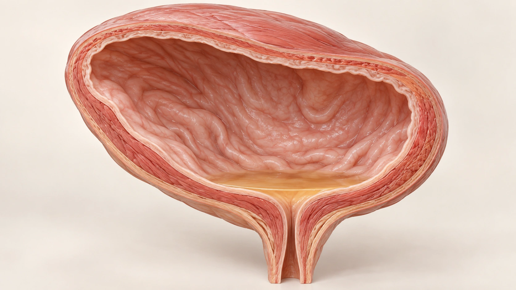 배뇨 뒤 방광의 작은 잔류 공간의 구조와 관계를 보여 주는 교육용 의학3D